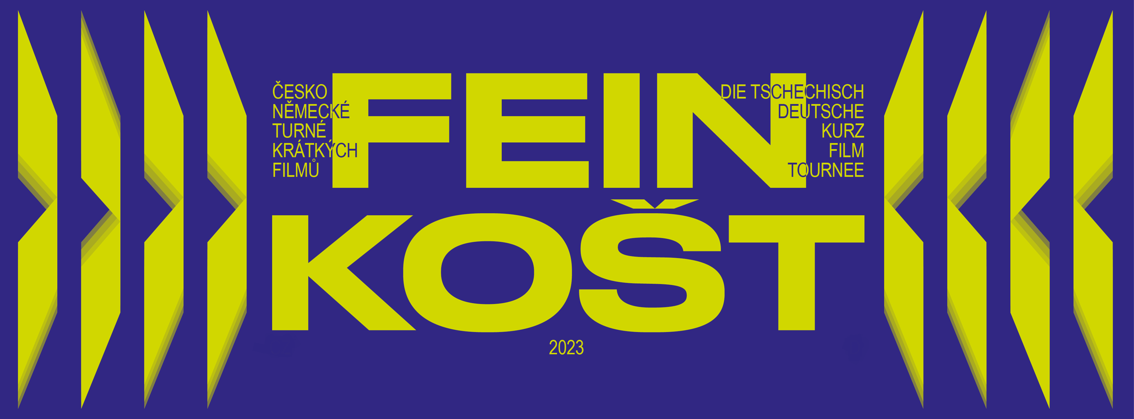 Schriftzug FEINKOŠT gelbgrün auf dunkelblau, grafische Elemente, die den tschechischen Akzent Hatschek aufnehmen und variieren.